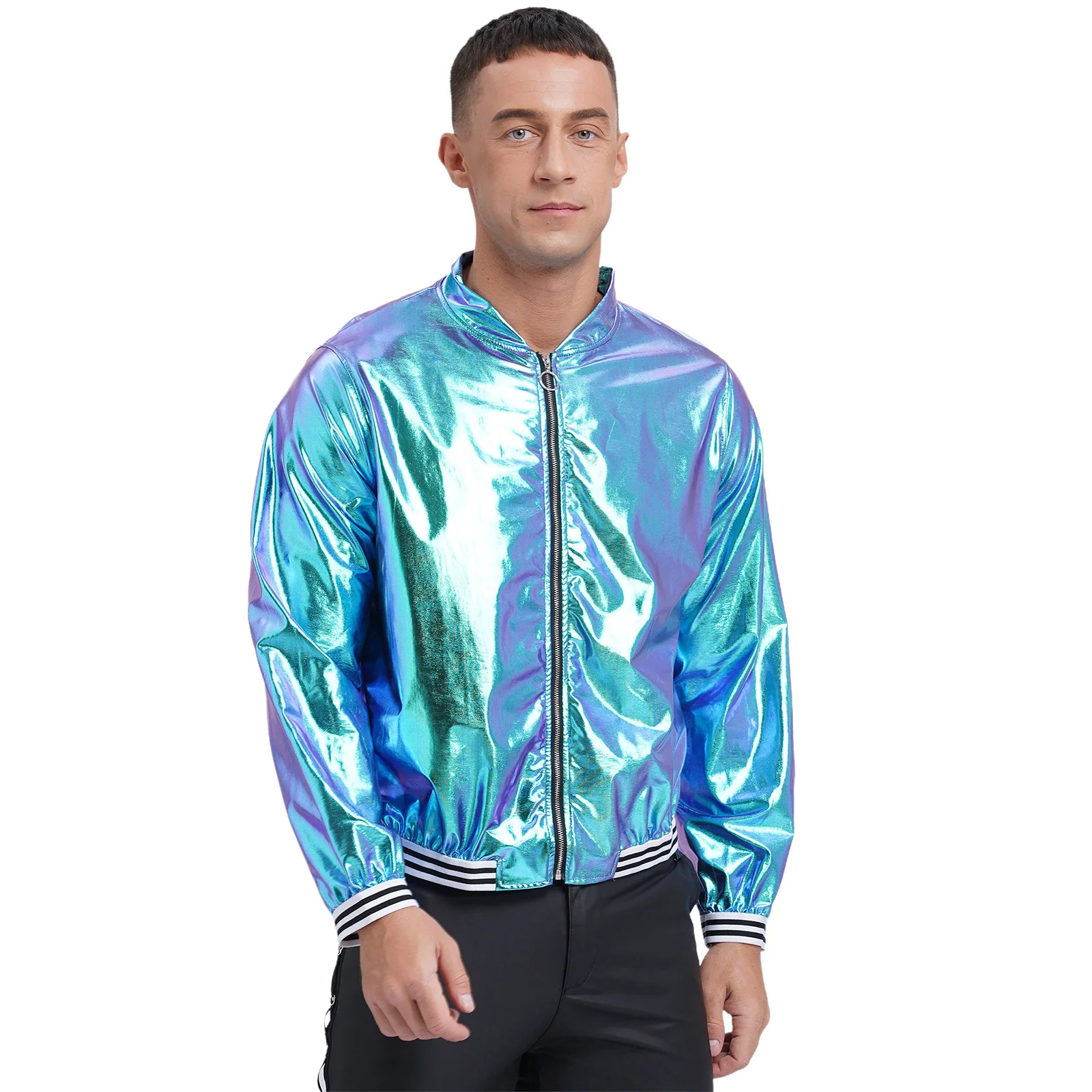 Mens Metallic Shiny Bomber Jackets Long Sleeve Front Zipper Striped Band Outerwear Baseball Jacket Coat Clubwear Street Look