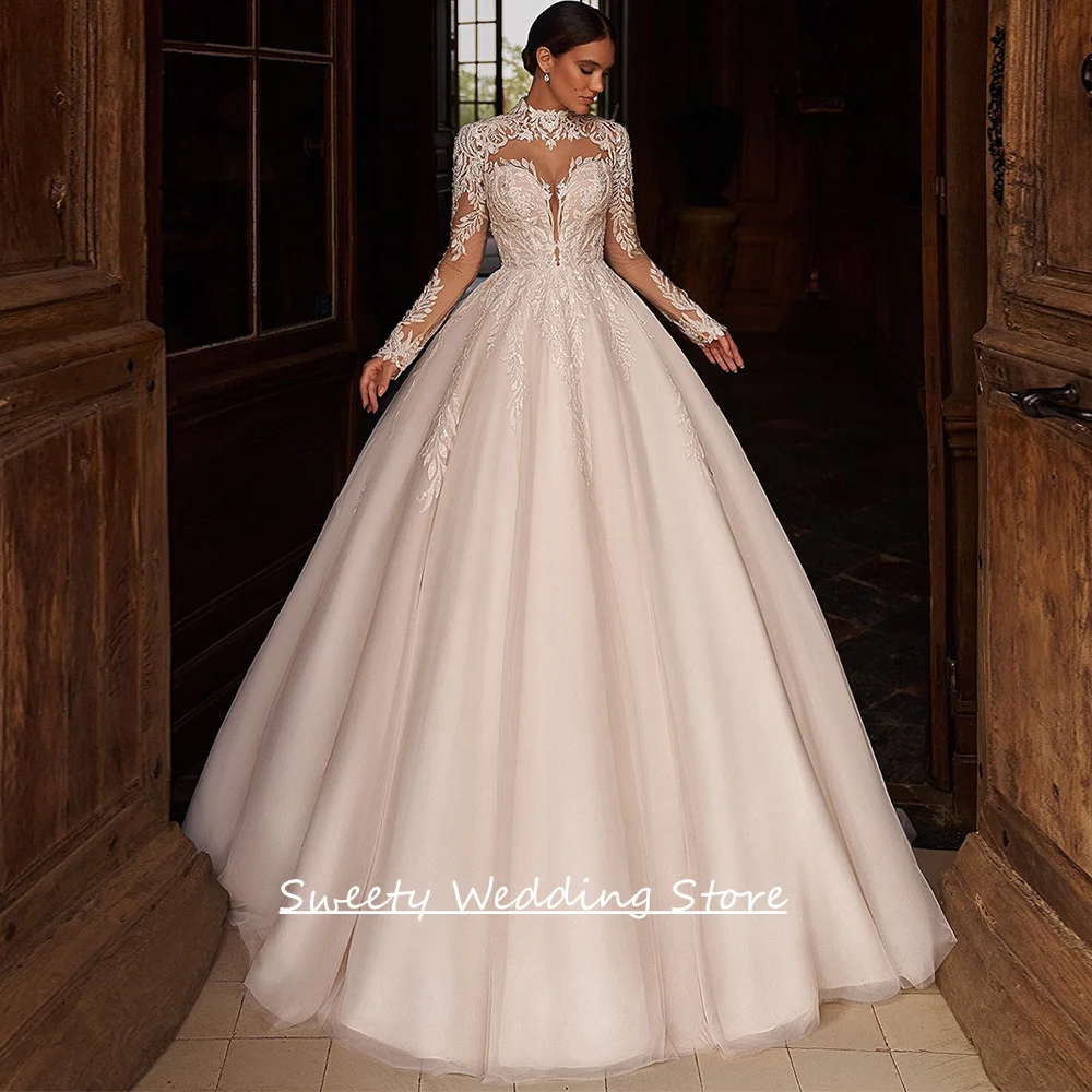 Vestido de casamento árabe personalizado, gola alta, mangas compridas, apliques, trem de quadra, ilusão, vestido de noiva feminino