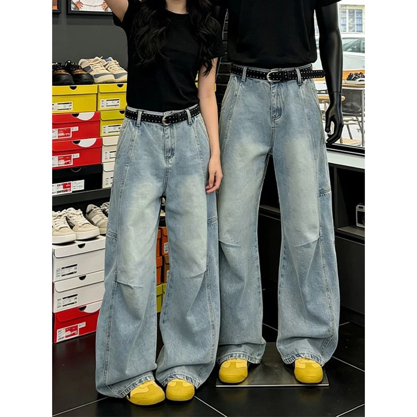 

American Sle Spliced Pleated Knife Denim Jeans Men Women Waed Blue Spring Summer High Waist Straight Leg Slim Fit Jeans