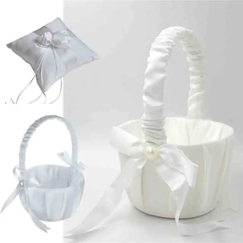 Weißer Blumenmädchen-Korb, Spitze, Perle, tragbarer Hochzeitskorb für Blumen, Braut/Kind, Brautjungfer, Zeremonie, Kinder, Party-Dekoration