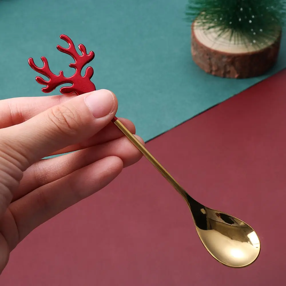 Christmas Spoons Desserts Stirring Spoon Stainless Steel Coffee Scoops Tea Scoop Xmas Antlers Christmas Spoons