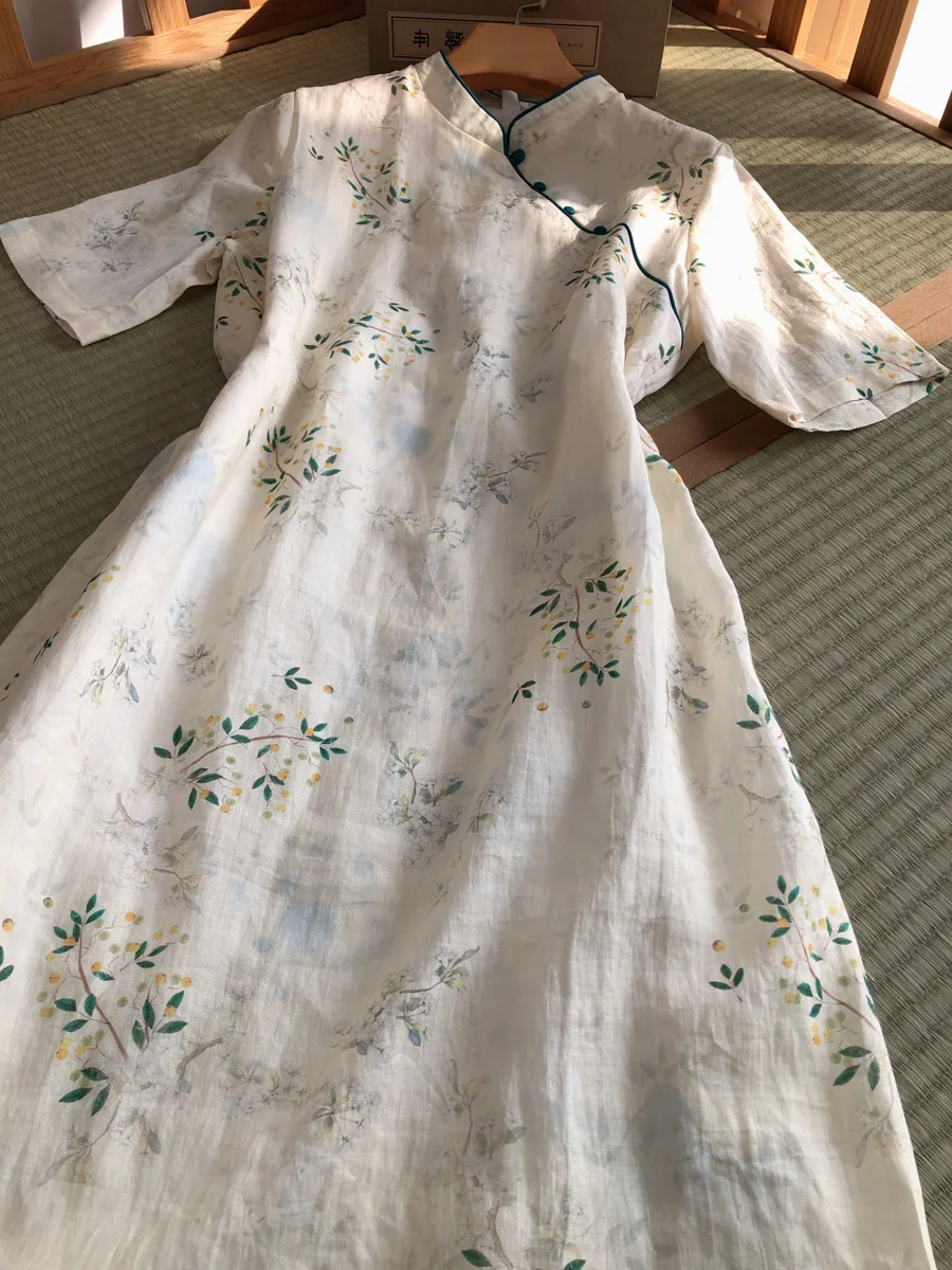 Katoen Linnen Qipao Dr Vrouwen Zomer Leeftijd Verlagen Bloemenprint A-lijn Rok Sle Casual Faion Stand Kraag ort Sve