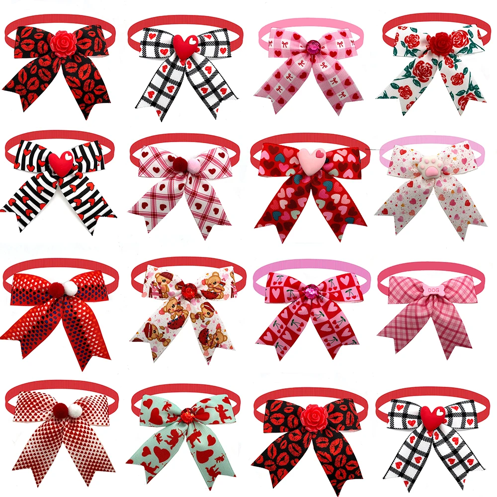 50/100pcs Valentine's Day Pet Product Rose Hairball Style Dog Bowtie Cat Dog Grooming Accessories Adjustable Collar Pet Supplies