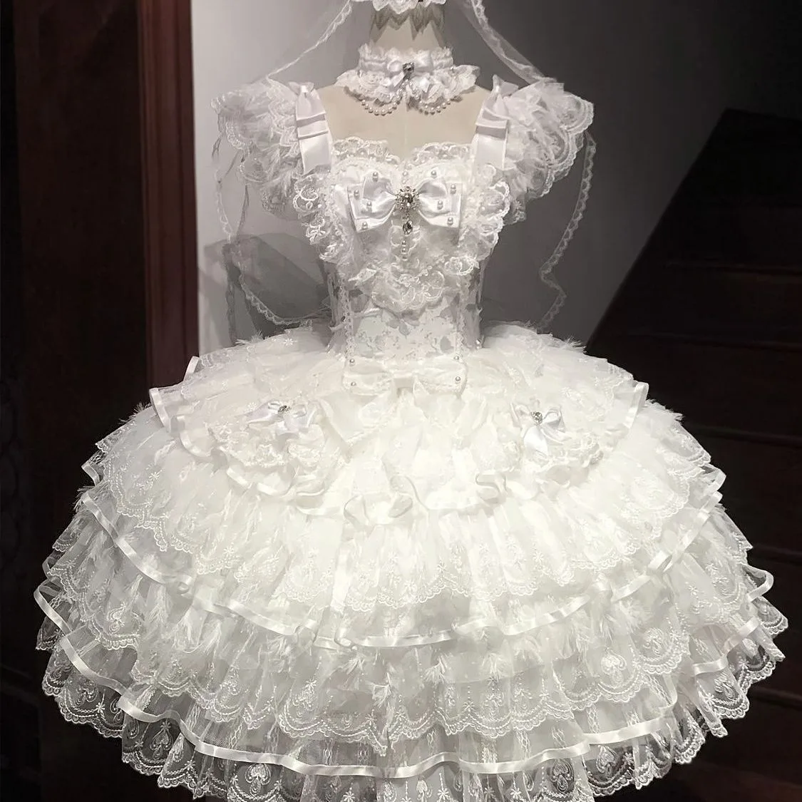 Luxurious Lolita Wedding JSK Dress Elegant Cute Bow Suspender Dress Lace Ruffle Princess Gown Japanese Kawaii Sweet Outfit 2026