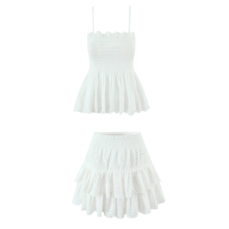 

Floral Embroidery White 2 Pieces Set For Spicy Girls Holiday Summer Sexy Camis + Mini Skirt