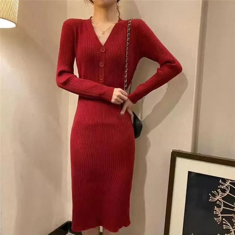 Autumn Winter Knitting Sweater Dress Women 2024 New Fashion Loose The Waist Button Pure Colour V-Neck Dresss Female