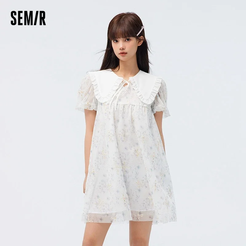 

Semir Dress Girl Doll Neck Design Sense Embroidery Romantic 2024 Summer New White Moonlight Organza Doll Dress