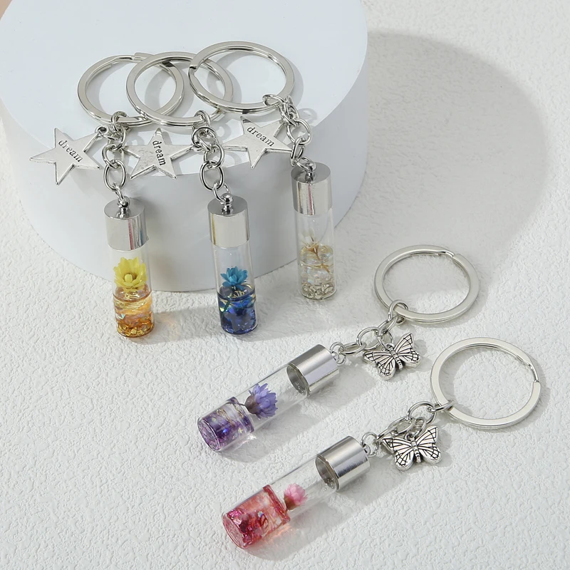 Pretty Flowers Keychains Five Colors Glass Plants Dream Star Key Rings For Women Girls Good Friendship Gift Handmade Diy Jewelry