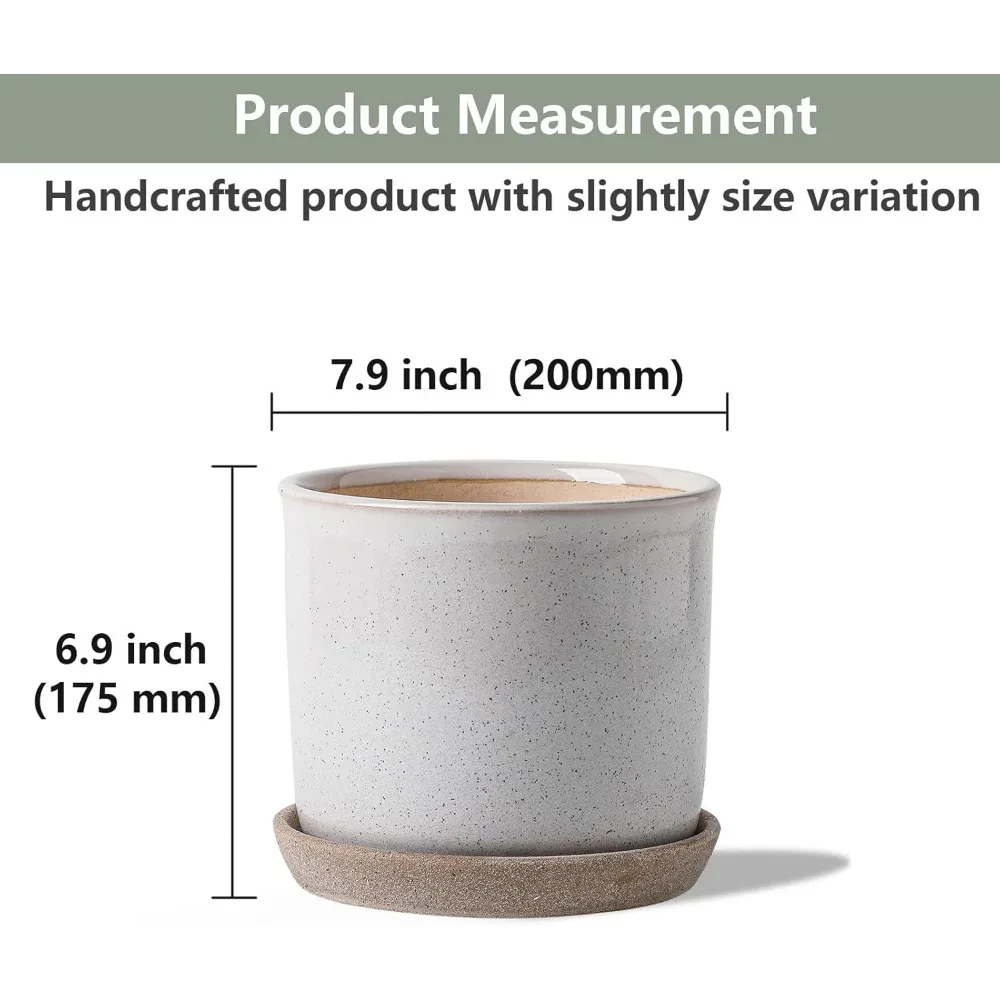 

8 Inch Ceramic Planter with Drainage Hole & Saucer - Retro Gray Flower Pot for Indoor Outdoor Plants Home Office Decor