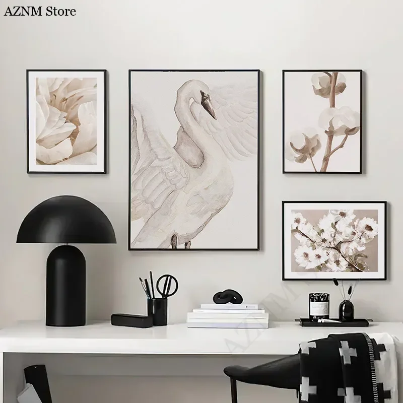 Beige Peach Blossom Swan Lover Spring Wall Art Canvas Painting Nordic Posters And Prints Wall Pictures Living Room Decoration