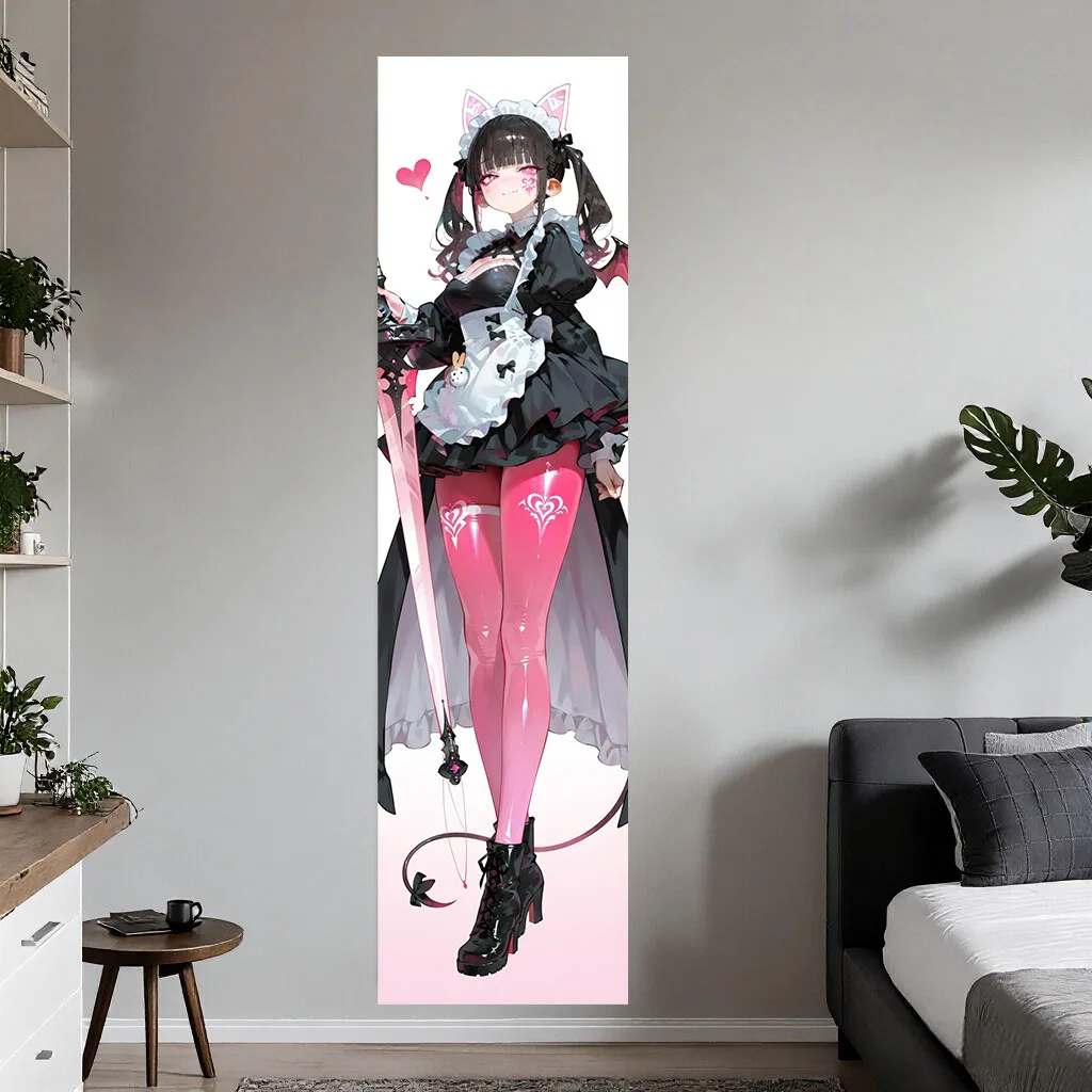 Pink Black Gothic Maid Neko Anime Girl Tapestry Devil Wing Manga Wall Hanging Harajuku Y2K Aesthetic Otaku Bedroom Dorm Decor