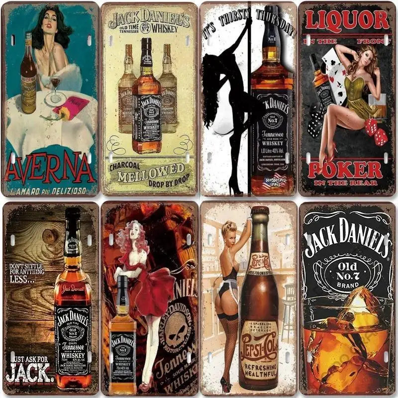 Vintage Metal Plate Whisky Poster Metal Tin Signs Whiskey Girls Wine Glass For Club Pub Bar Garage Living Room Home Wall Decor