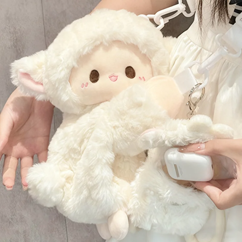 Mochila cruzada de felpa de oveja suave de dibujos animados Kawaii, monedero bonito, pose tumbada, viaje diario, bolso de muñeca versátil a la moda, regalo de vacaciones