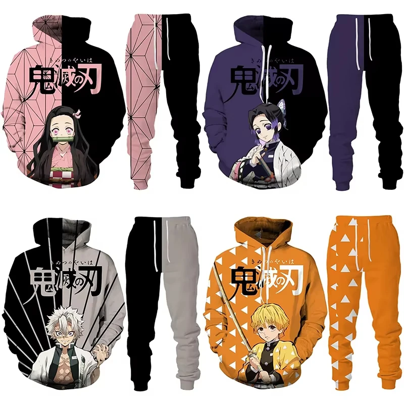 Anime Demon Slayer Hoodie 3D Print Cosplay pants+Hoodie 2PCS Set Tracksuit Men Oversize Vintage Streetwear Hoodie Kids Pants Set