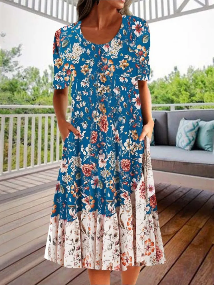 Summer Women's New Midi-Length Dress Fashion Printed Round Tie Pocket Short Sleeve Casual Comfortable Elegant Dress