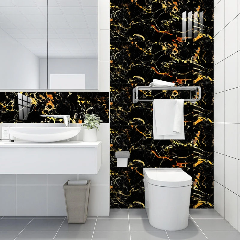 10pcs Black & Gold Marble Tiles Sticker Kitchen Backsplash Oil-proof Cupboard Washbasin Peel & Stick Waterproof Art Wall Decals