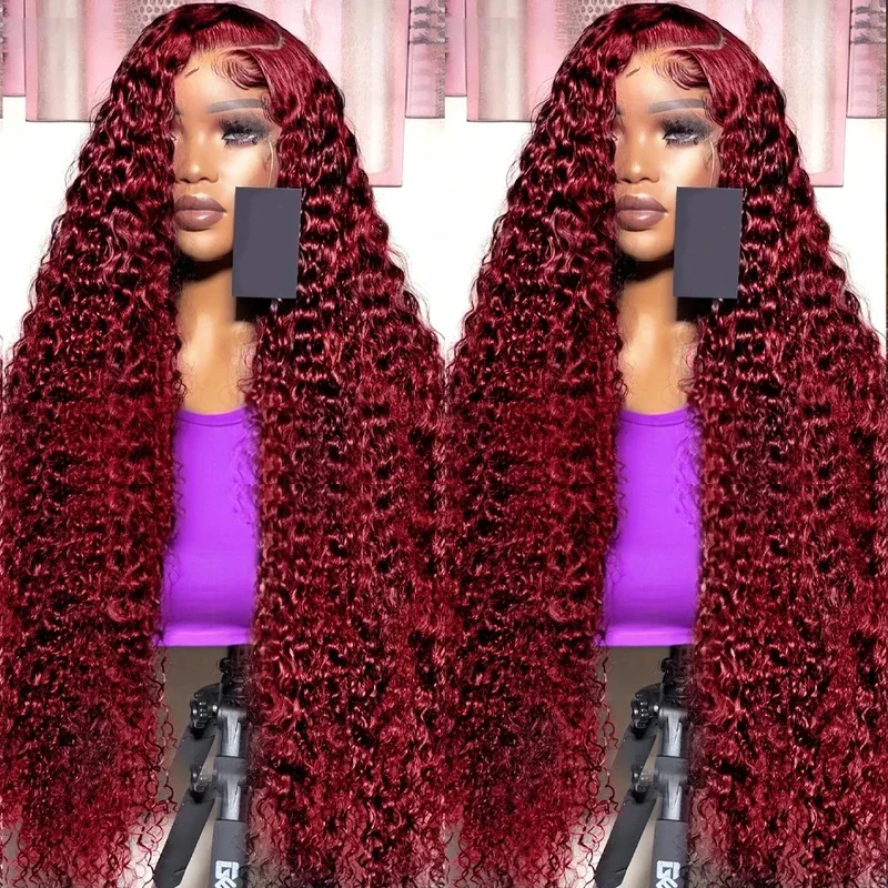 Pelucas frontales de encaje de onda profunda Borgoña 99J, cabello humano, peluca Frontal de encaje transparente HD 13x6, cabello brasileño de color rojo para mujeres