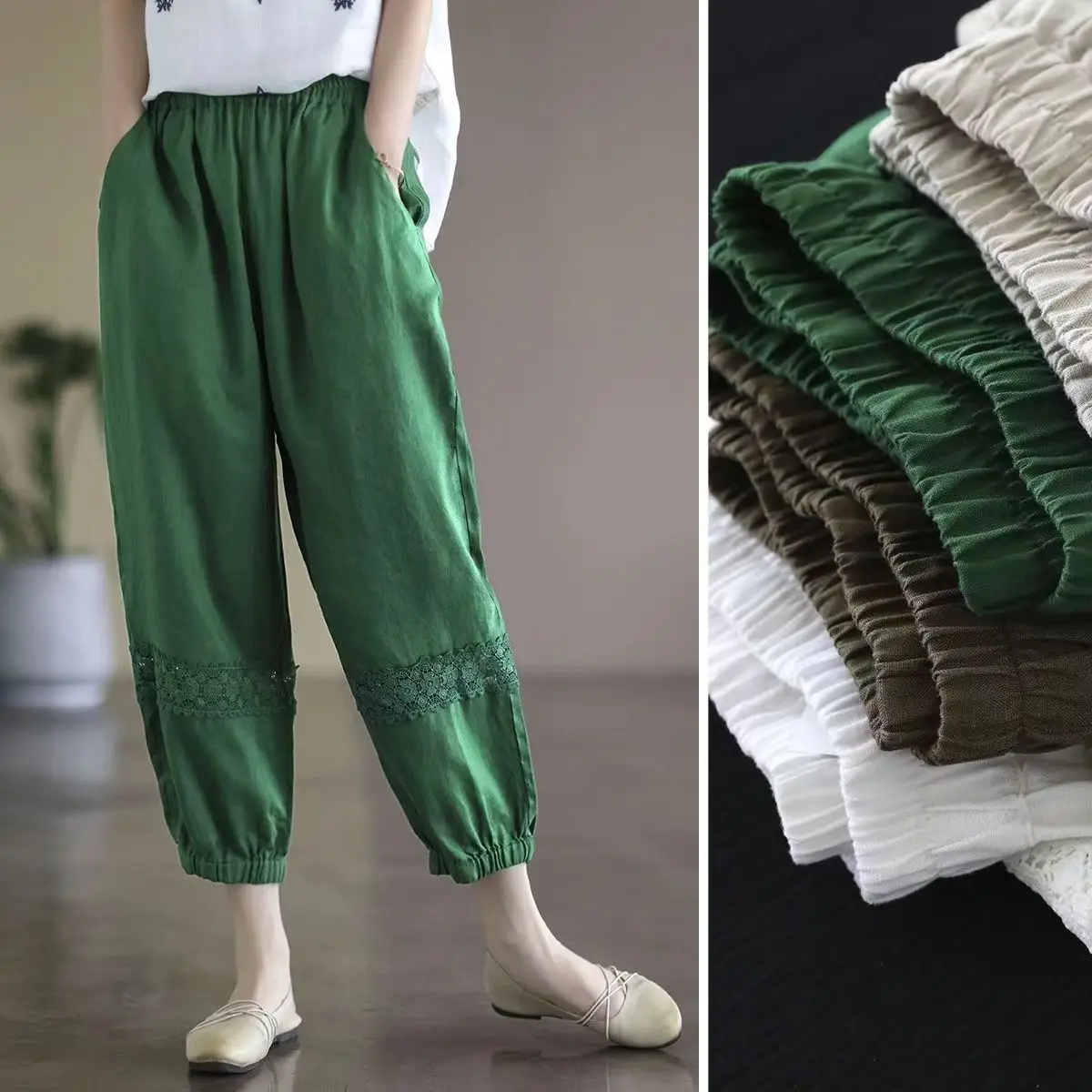 Cotton and Linen New Lace Embroidered Harem Pants Women's Summer New Elastic Waisted Cropped Pants Loose Artistic Women's Pants