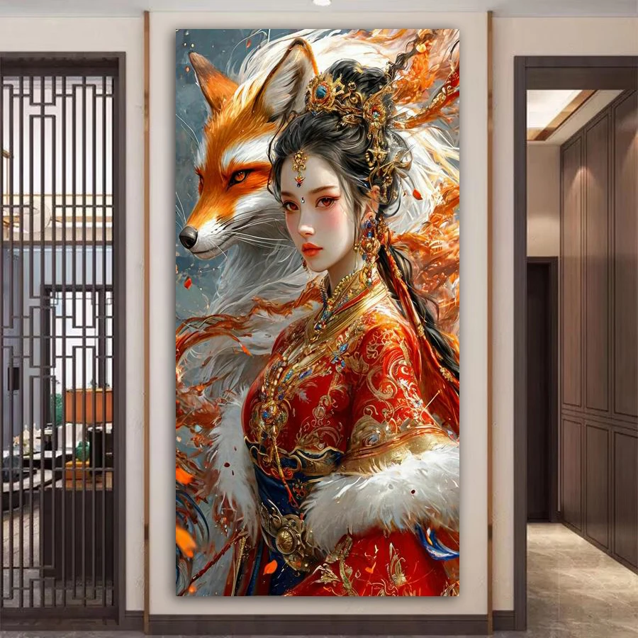 

Fullcang Woman and Animals Diy Diamonds Painting New 2025 Beautiful Goddess Fox Full Mosaic Embroidery Picture Size 100x200cm