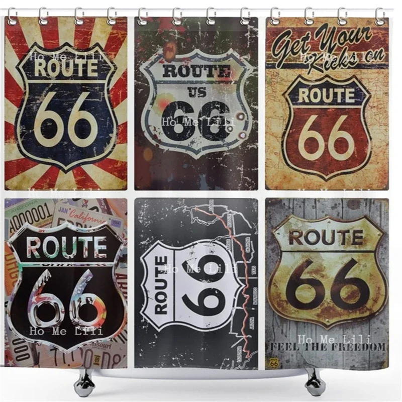 Route 66 Map Vintage Car California Bear Retro Tin Sign Collage Shower Curtain Waterproof Fabric For Home Decoration