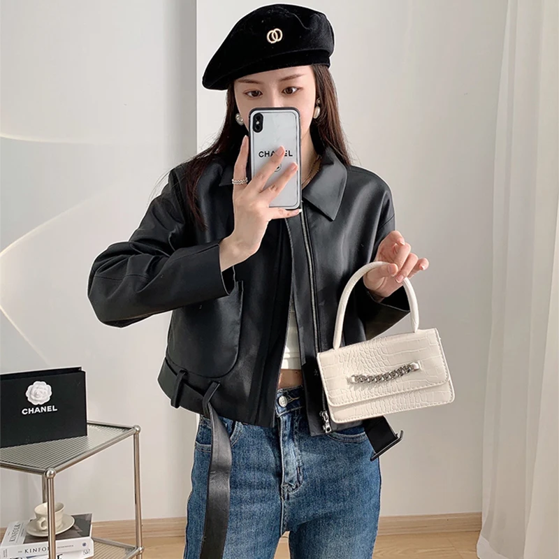 

New 2023 Sheepskin Leather Women's Autumn and Winter New Short Double Pockets Waistband Slim Lapel Motorcycle Genuine Leather Ja