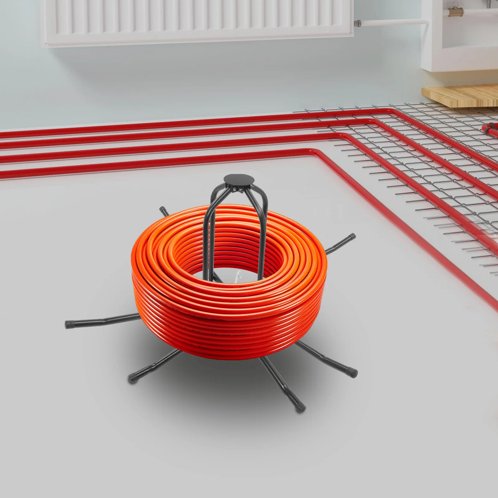 Verstellbarer Rohrspenderständer, faltbarer Rollenhalter mit Tragetasche für Wasserrohre, PEX-Rohre, Installation mit Doppel-/Einzelkugellager – Detail 13