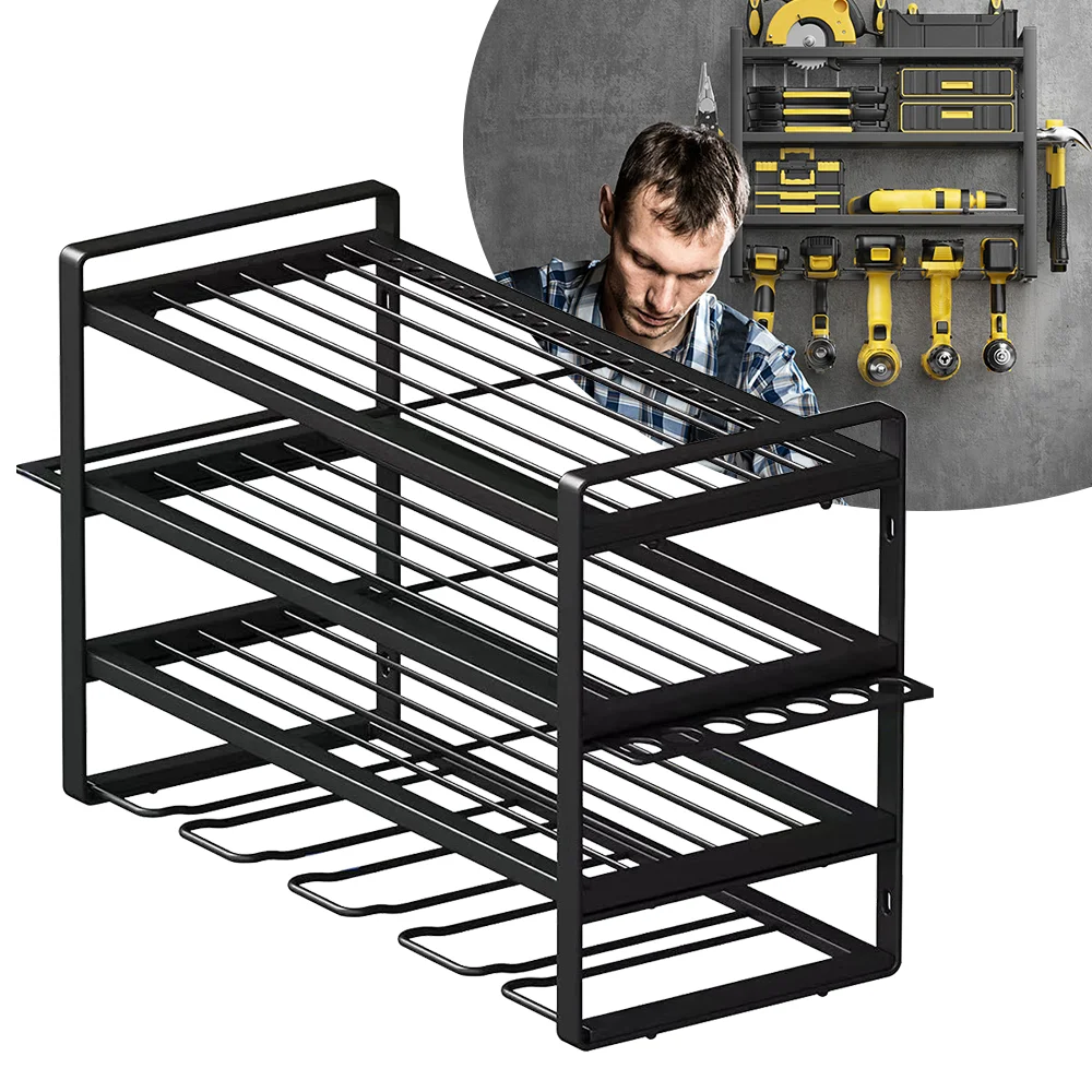 Estante para herramientas eléctricas, soporte para taladro eléctrico, organizador de montaje en pared, llave, destornillador, estante de almacenamiento de energía para taller y garaje