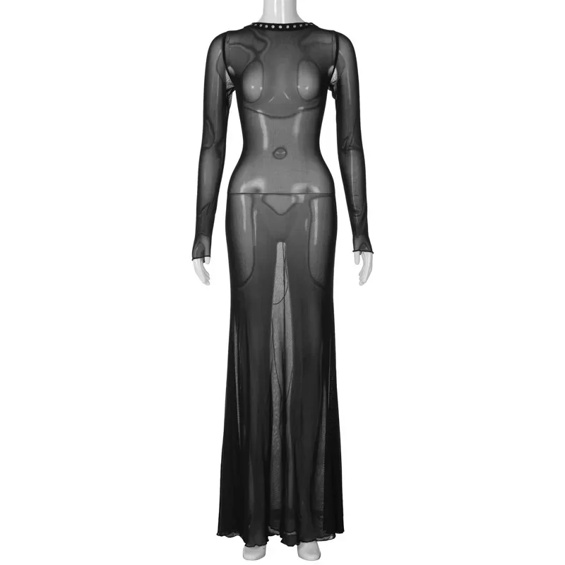 See Through Sheer Sexy Slim Bodycon Maxi Dress 2023 Mesh Black Long Sleeve Backless Summer Women Beach Nightclub Outfit