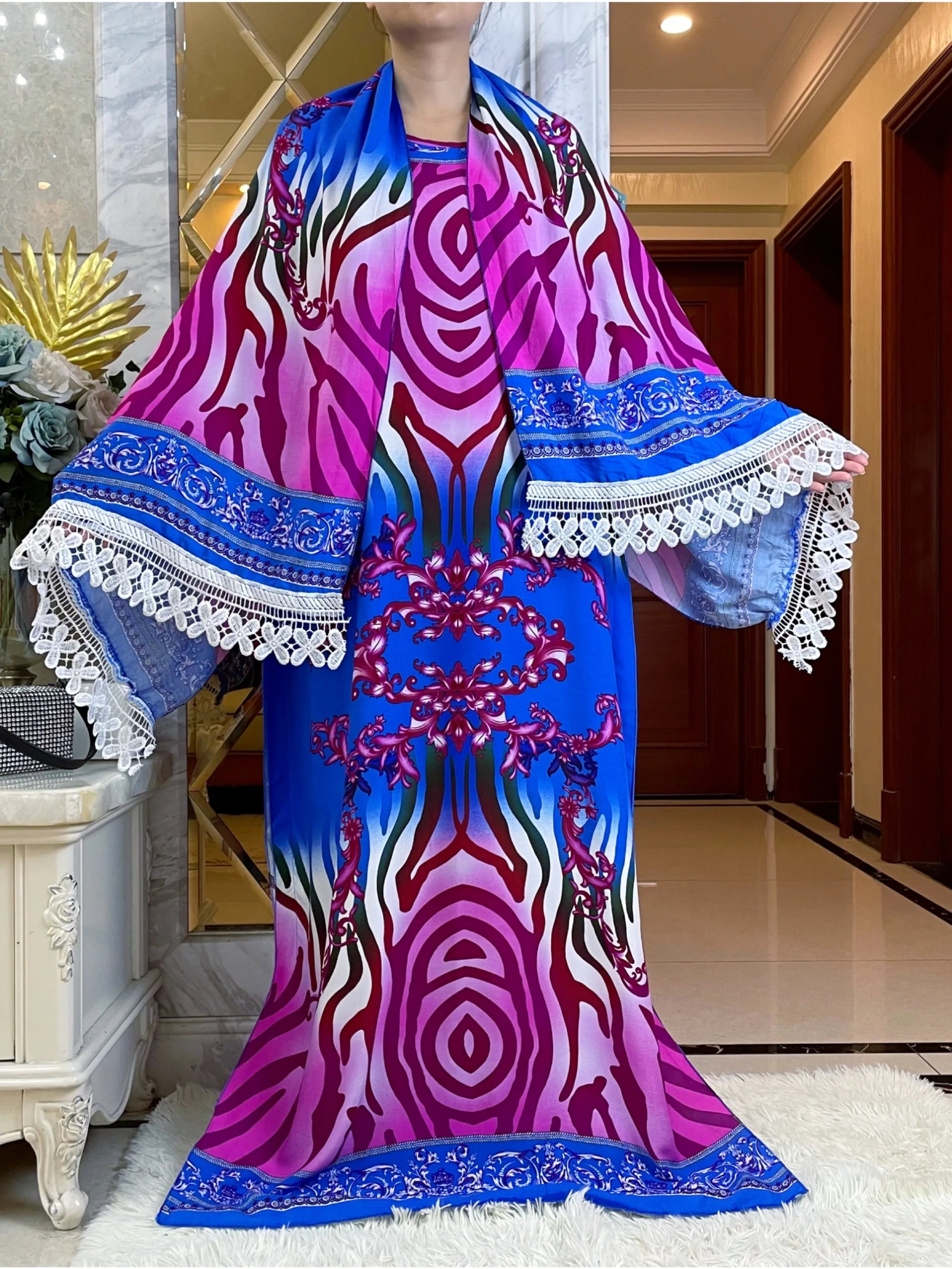 2023Summer African Dress With Big Scarf  Short Sleeve African Dashiki Floral Print  Cotton Caftan Lady Summer Maxi Casual Dress