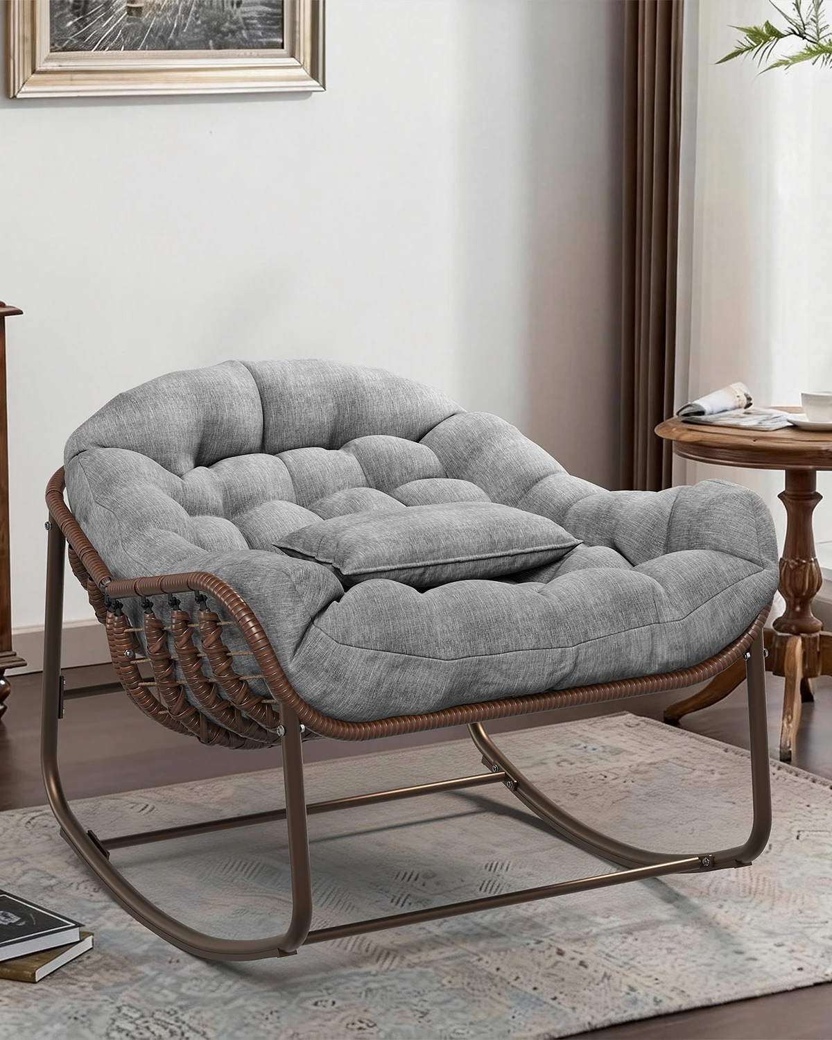 Duże, zewnętrzne krzesło Papasan z funkcją kołysania, ergonomiczny design, trwały wiklinowy materiał, odporny na warunki atmosferyczne, wygodna poduszka, solidna metalowa rama, wytrzymałość do 200 kg, (brown gray)