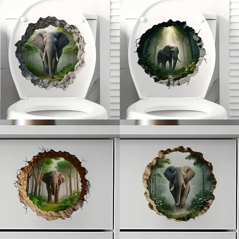 T2148#Dynamic Elephant in Forest Toilet Stickers, Bright Wall for Home, Cabinet, Door,Refrigerator Decoration, Vinyl Car Decals