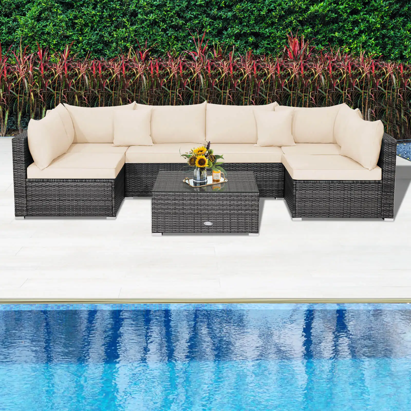 

7PCS Patio Rattan Furniture Set Sectional Sofa Cushioned Garden Beige