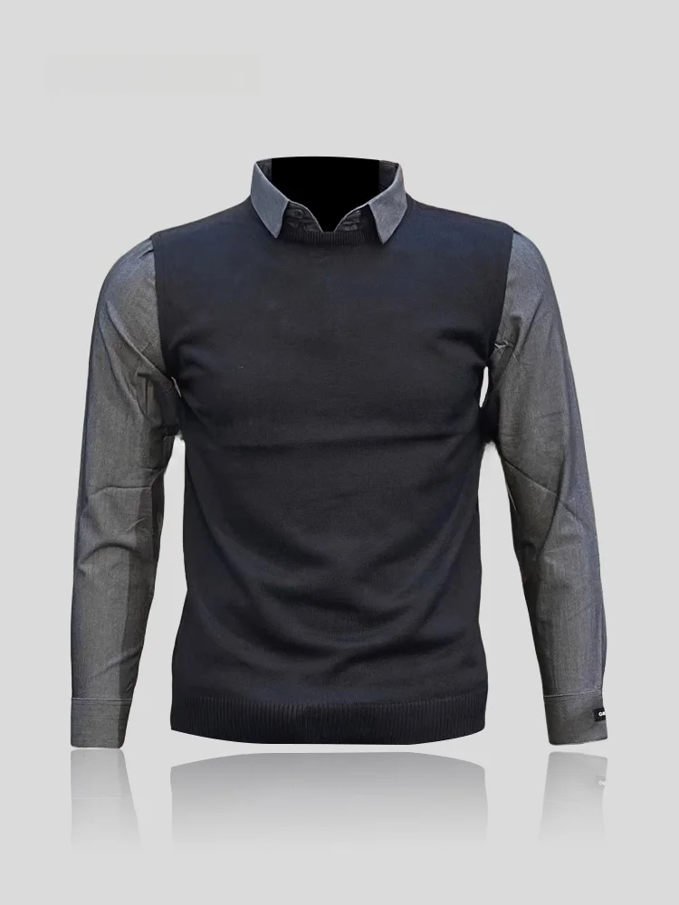 

Slim Fit Fashionable Knitted Sweater with Shirt Collar Fake Two-Piece Business Base Shirt for Men Trendy I.T 2024 Autumn