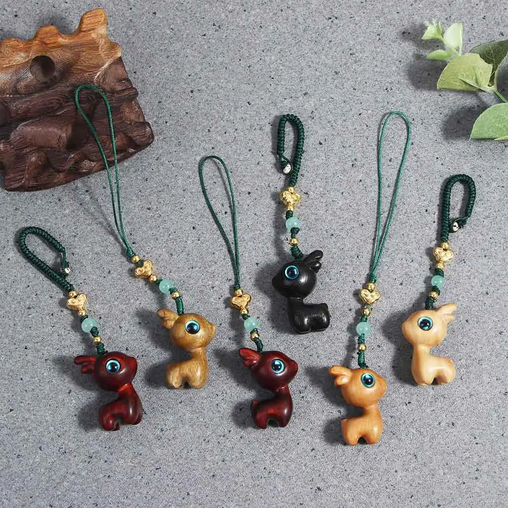 Creative Cute Lanyard Deer Car Key Chain Sandalwood Chinese Style Key Ring Bag Pendant Wood Key Chain Mobile Phone