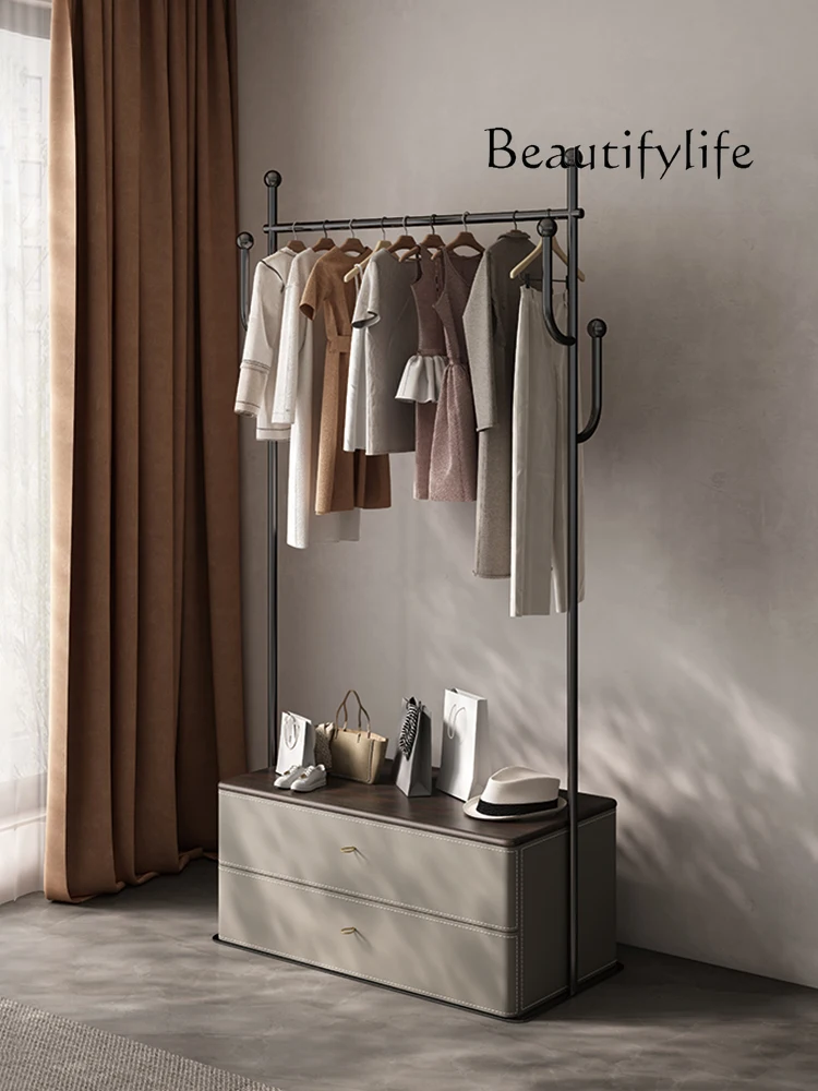 

Light luxury bedroom floor-to-ceiling coat rack storage cabinet integrated stainless steel hanger solid wood saddle leather