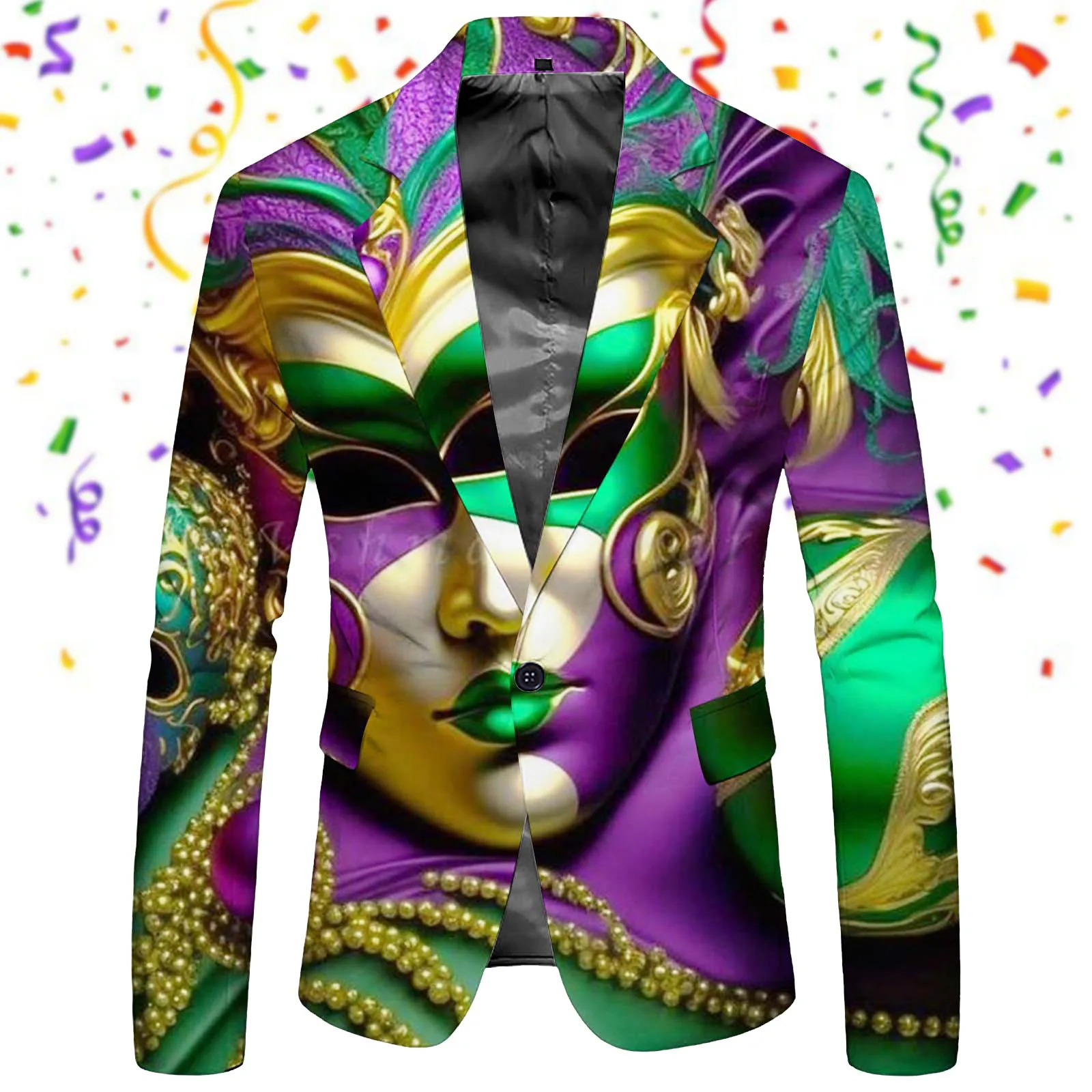 Vintage 3D Print Blazer For Men Mardi Gras Party Jacket For Men Carnival Party Club Wear Button Lapel Suit Elegant Coat