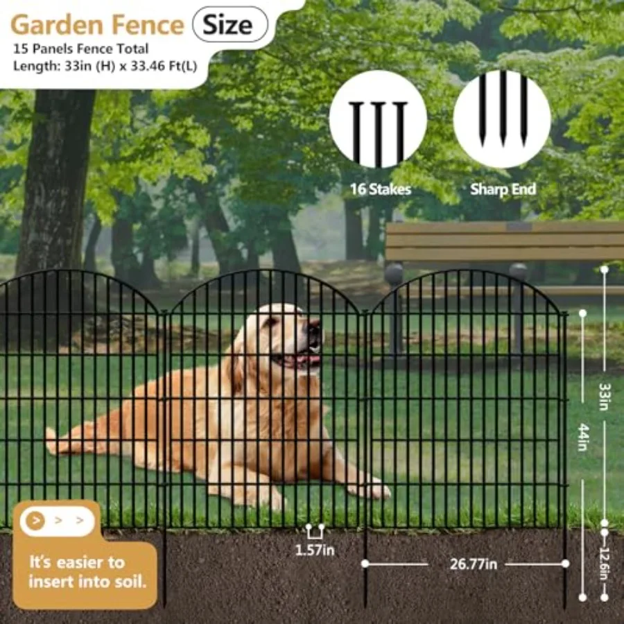 15 Panels Decorative Garden Fence 33in H x 33.46ft (L) No Dig Dog Fences Outdoor for Yard Rustproof Tall Metal Fencing Panels A
