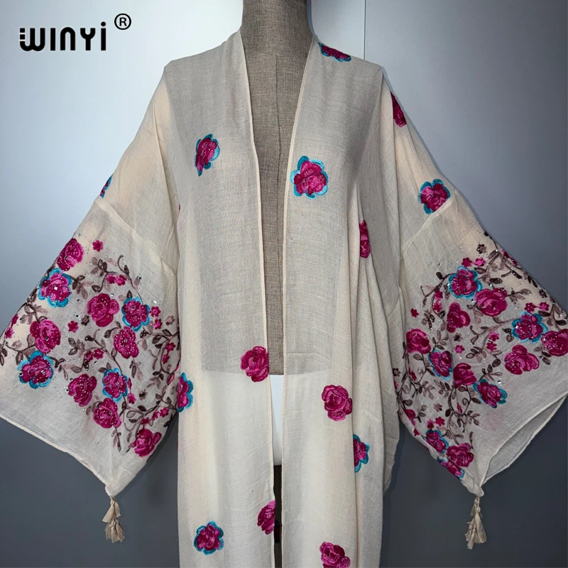 WINYI embroidery kimono Bohemian luxury beachwear Swim Suit Cover up women Cardigan sexy Holiday long coat abaya dubai luxury