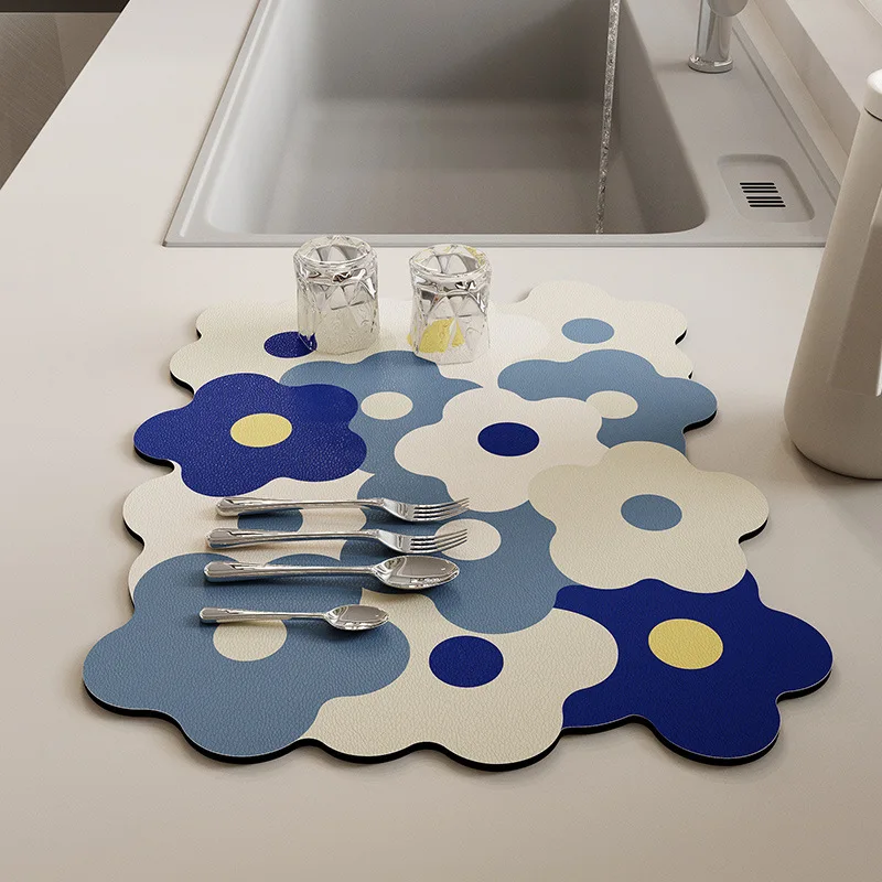 VIKAMA Estera de drenaje para encimera de cocina, lavabo para encimera de bar de flores, alfombrilla absorbente de agua para suelo de barro de diatomeas, decoración del hogar