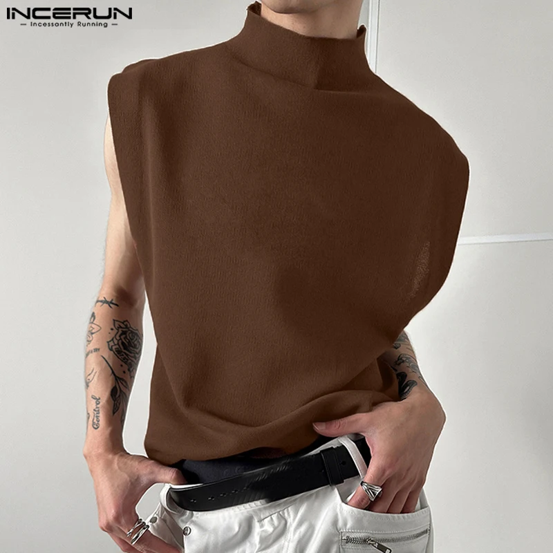 INCERUN Men Tank Tops Solid Turtleneck Sleeveless Loose Korean Style Men Clothing Streetwear 2023 Fashion Casual Vests S-5XL