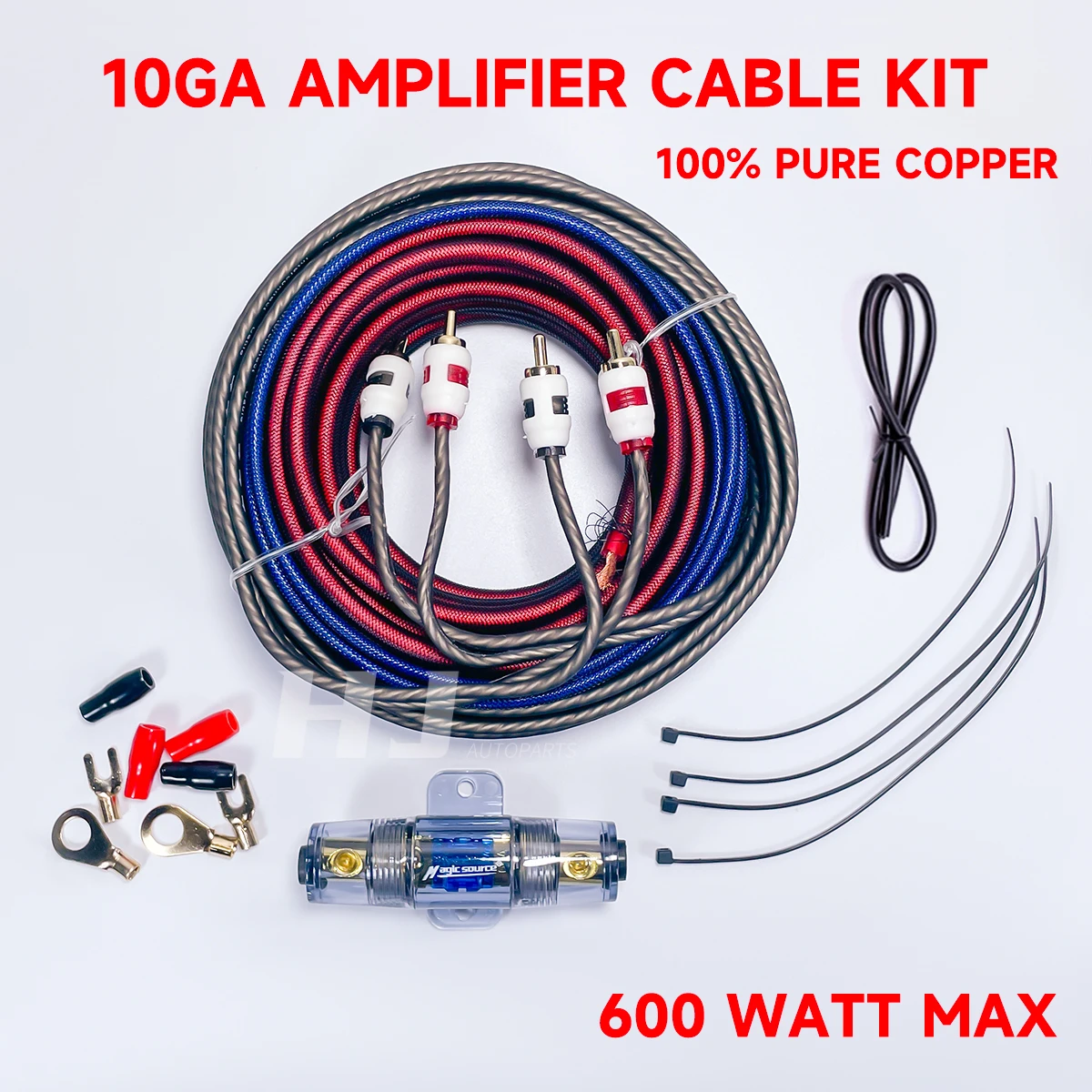 1kit Pure Copper Car Audio Wiring Cable Kit Max 600w Amplifier Sub Woofer Bass Speaker Wire Kit 10ga Power Cable 60a Fuse RCA