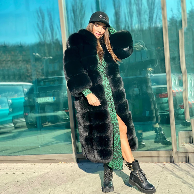 Natural Real Fox Fur Coat Women Winter New Strip Sewed Thicken Straight Outertwear Warm Genuine Black Fox Fur Jacket Female