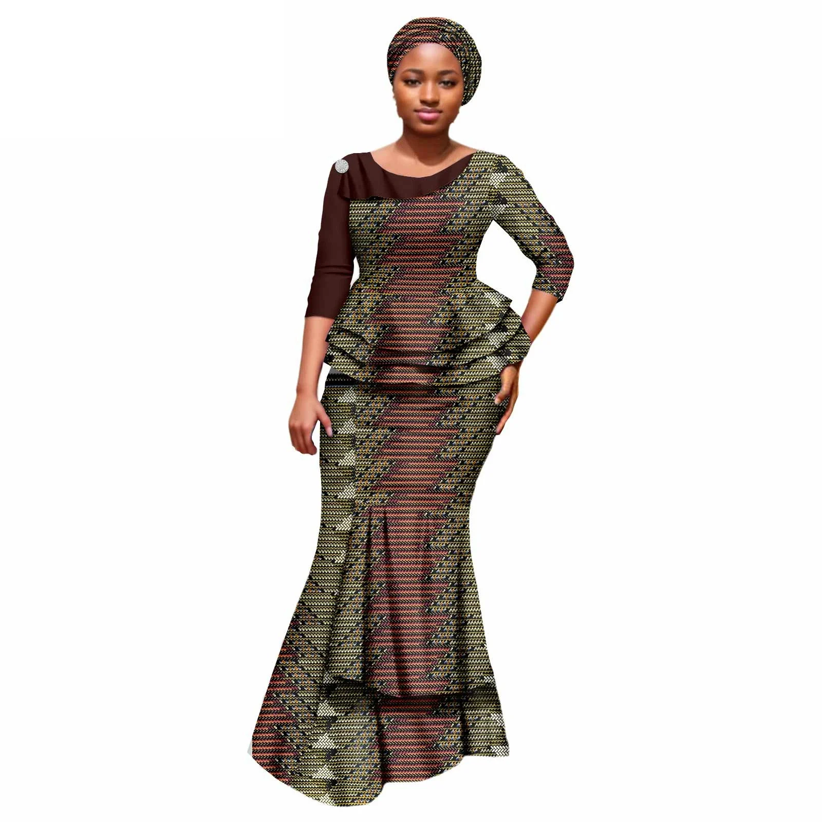 

Lady's African print long-style mermaid cotton dress with patchwork design and headscarf