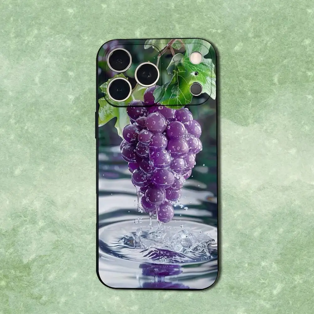 حافظة هاتف على شكل عنب أرجواني فواكه لهاتف آيفون 14,13,17,12,11,16,15,Plus,Pro Max,XS,X,XR,SE,Mini,Soft غطاء أسود من السيليكون