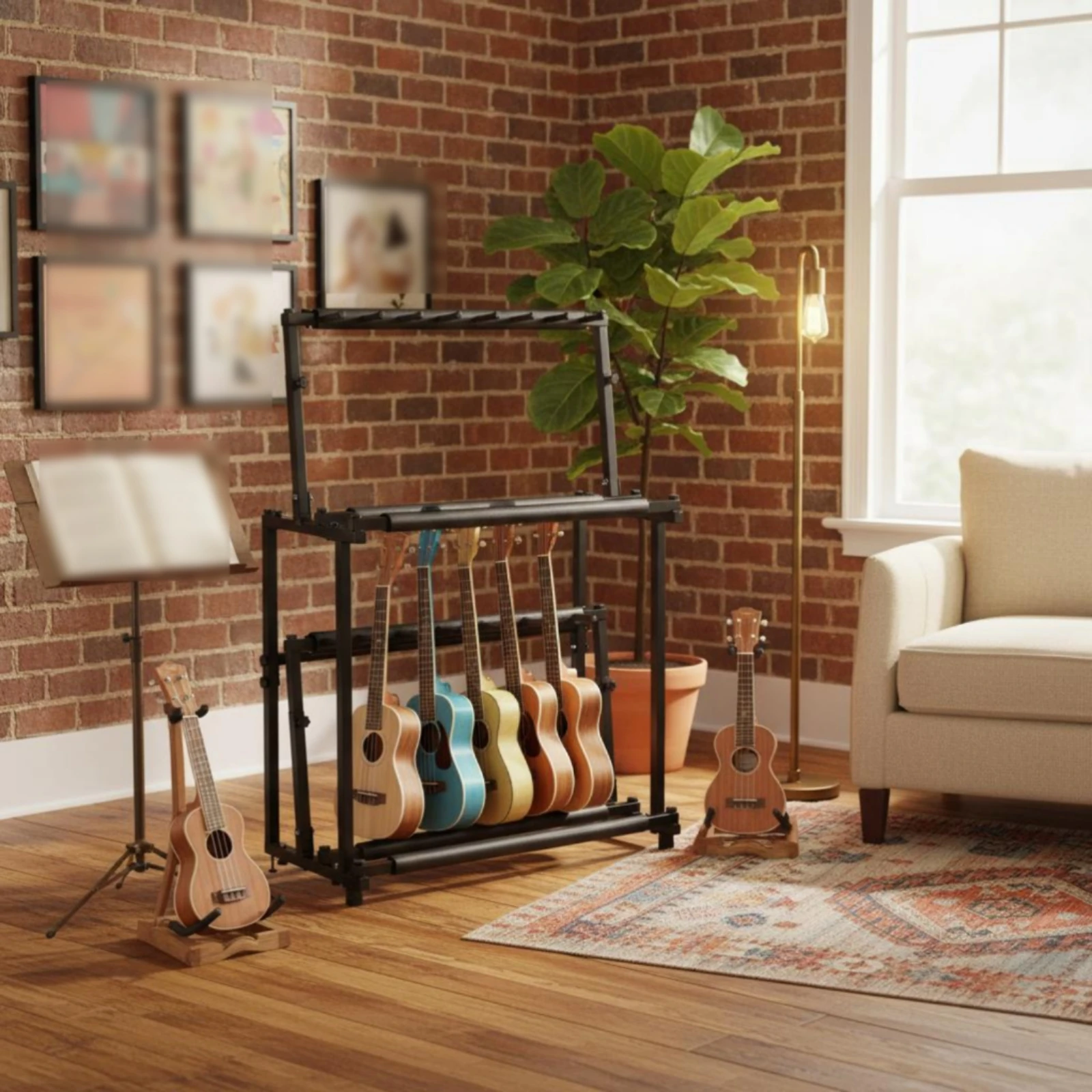 14 Slot Ukulele Display Stand Sturdy Double Tier Ukulele Stand Music Gear Safeguarding Sponge Soft Felt Pad for Showroom Sellers view 6