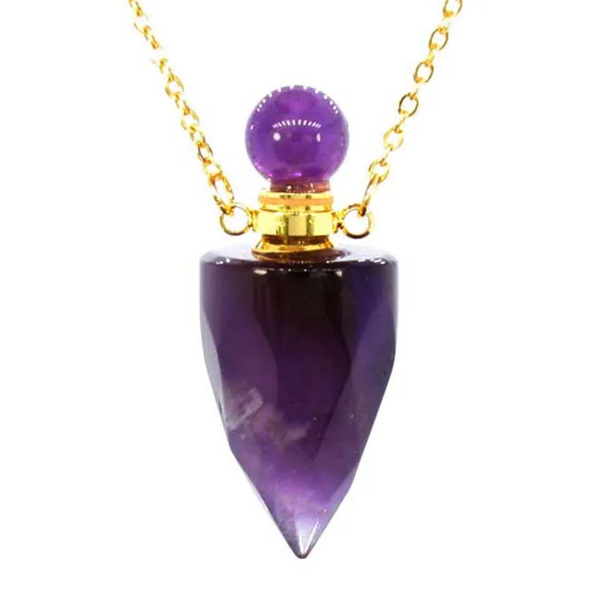 

Crystal Perfume Diffuser Bottle Pendant Necklace For Women Men Natural Faceted Stone Amethyst Rose Quartz Stainless Steel Chain