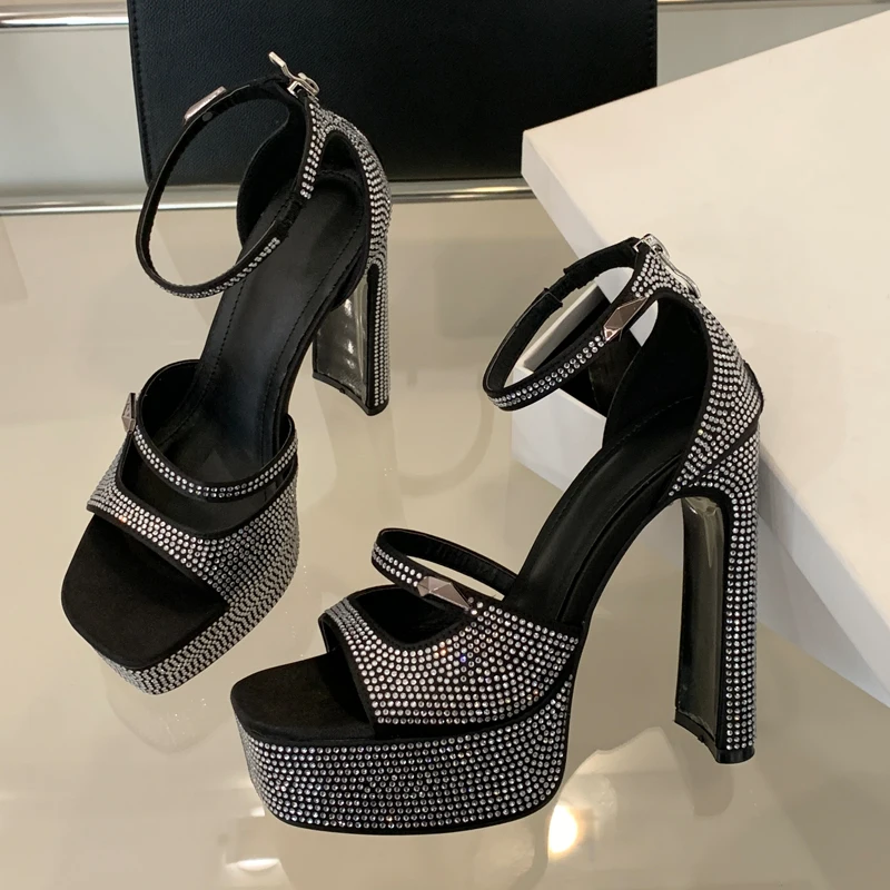 

Summer Fashion Heeled Sandals Woman Rhinestone Square Head Chunky High Heels Zipper Strap Sexy Stripper Dance Party Dress Shoes