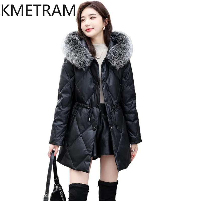 KMETRAM-abrigos De piel auténtica para mujer, chaqueta De piel De oveja con forro De plumón De pato blanco, 90%