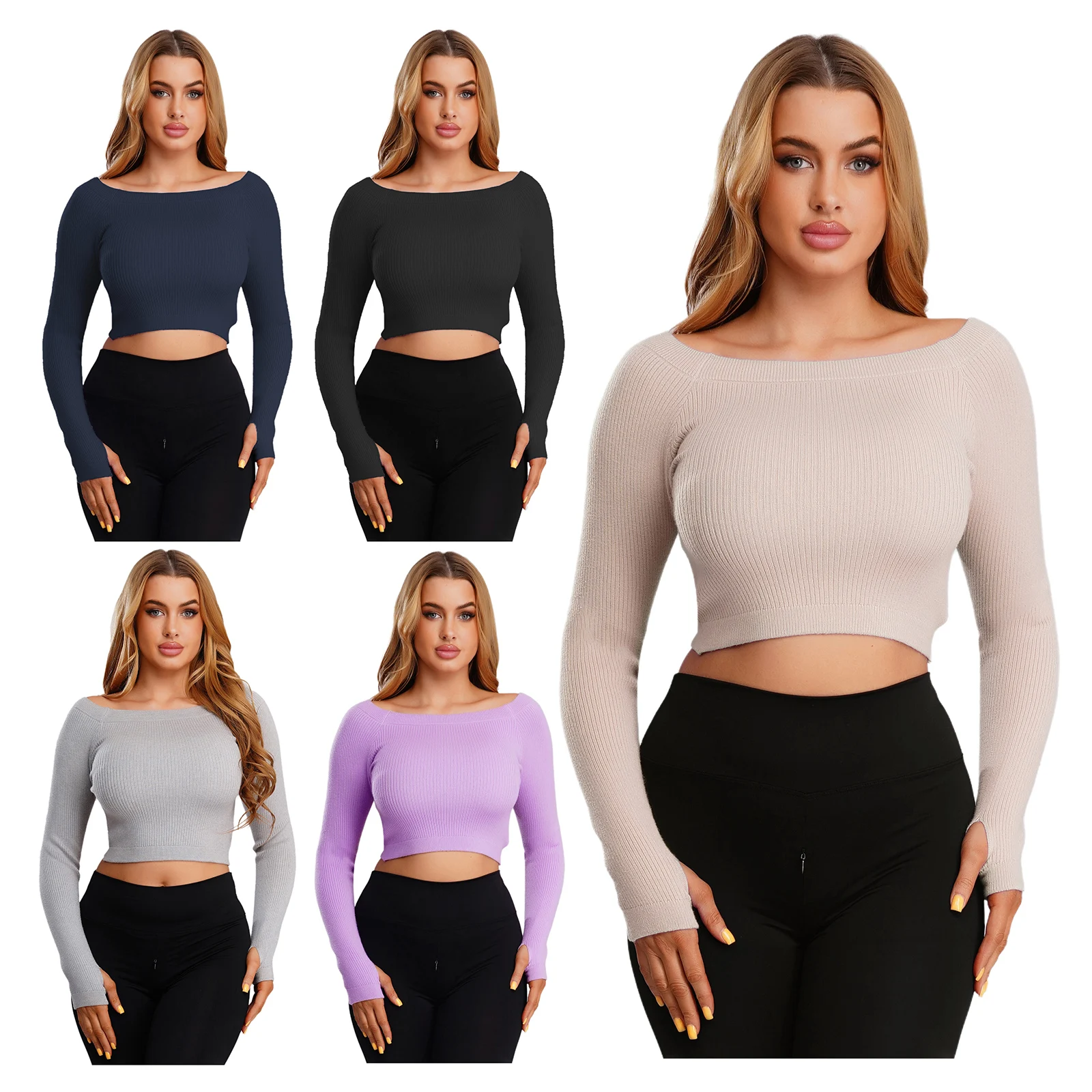 Pull de danse de Performance de gymnastique de Ballet pour femmes, haut court tricoté à manches longues avec trou pour le pouce pour l'entraînement de danse de Yoga moderne