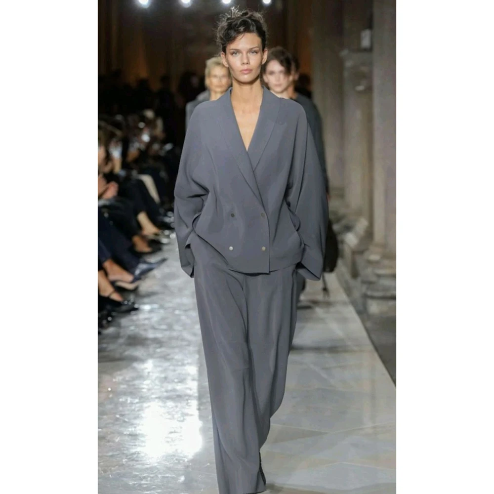 

2026 Spring New Women's V-Neck Double-Breasted Blazer Set Loose Grey Wide-Leg Pants Elegant Office Formal Suit